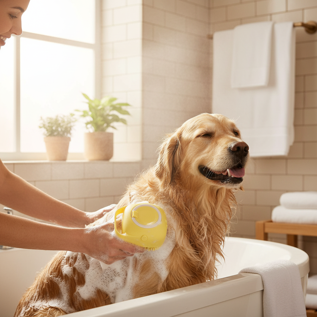 Golden Retriever siendo bañado con cepillo