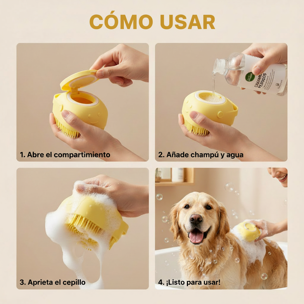 Cómo usar el cepillo de baño para mascotas - letras doradas