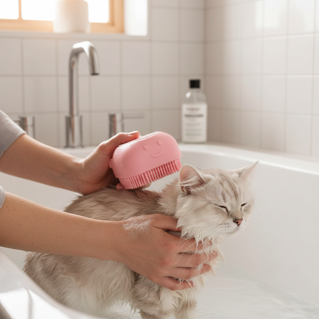 Gato siendo bañado con cepillo