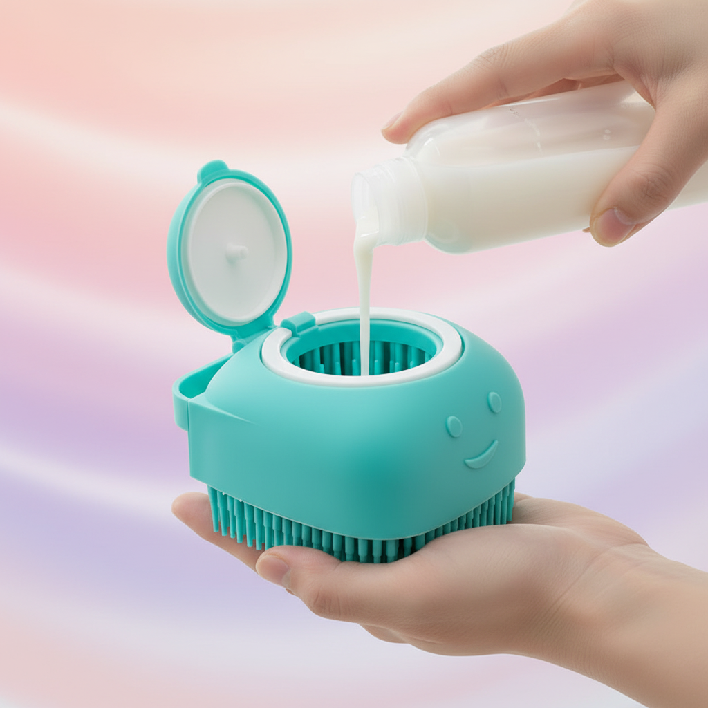 Poniendo jabón en el dispensador fondo rosa